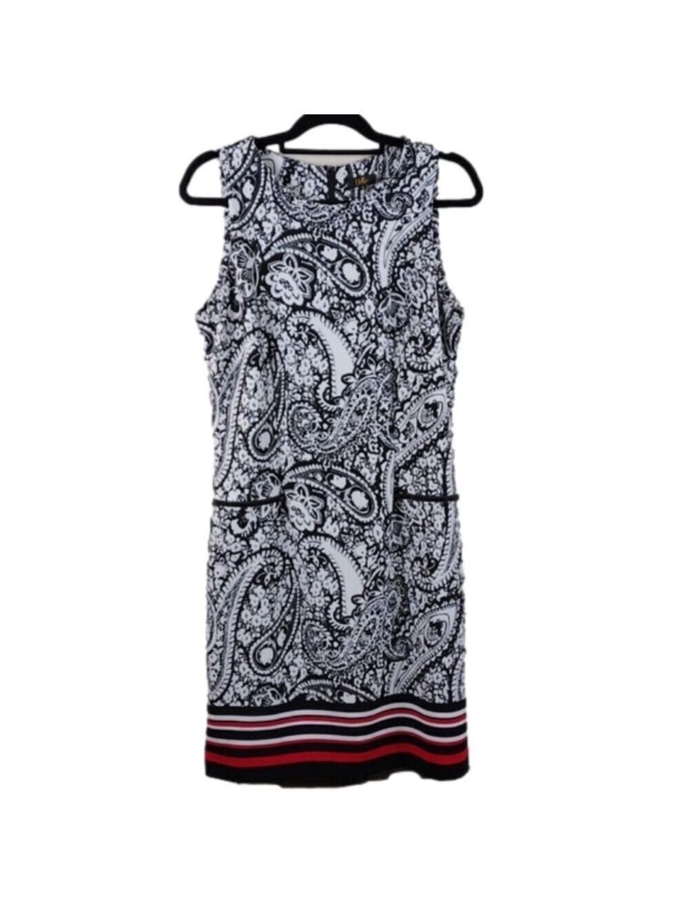 𝅺I LE New York Black White Paisley Scoop Neck Sleeveless Zip Midi Sheath Dress
